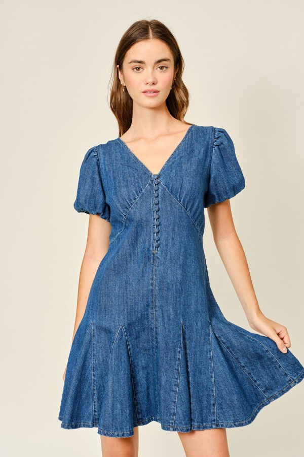 AJD5852 / Aaron & Amber<br/>PUFF SLEEVE DENIM MINI DRESS