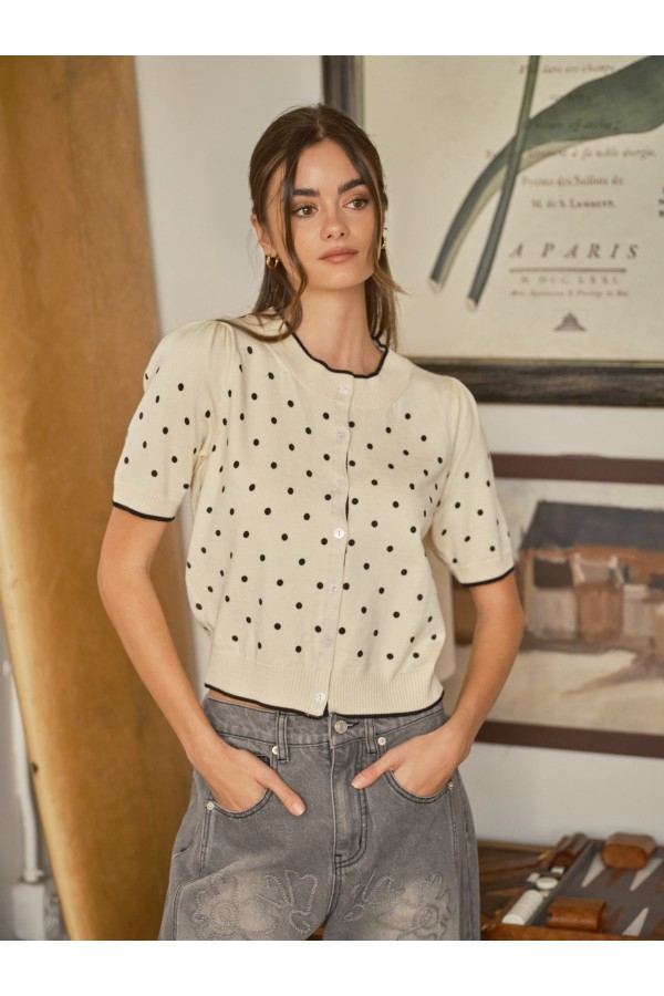 AJT5662 / Aaron & Amber<br/>SOFT WOOL MIX SHORT SLEEVE POLKA DOT CARDIGAN
