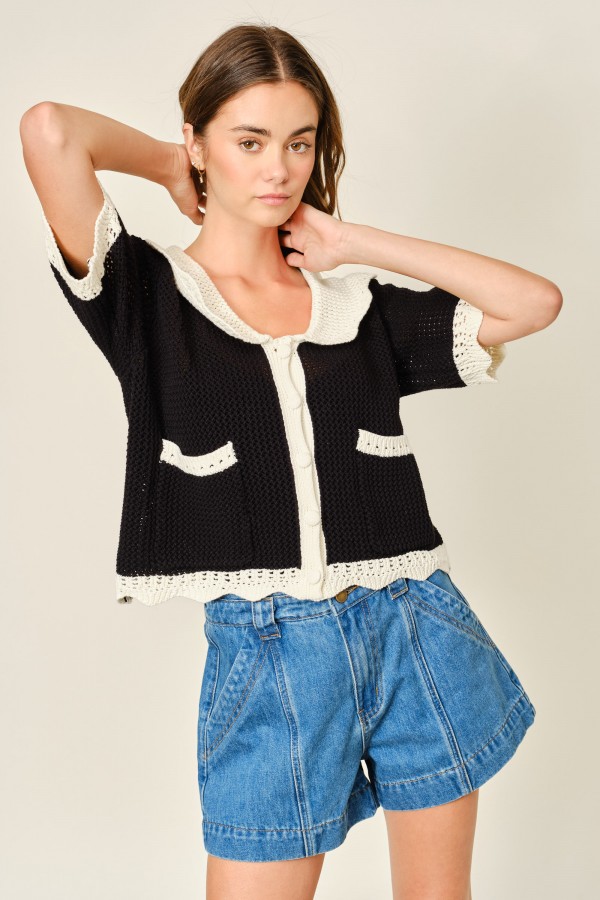 AJT5671 / Aaron & Amber<br/>CROCHET COLLARED SWEATER CARDIGAN