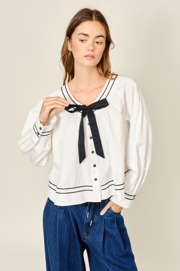 AJT5778 / Aaron & Amber<br/>BABY DOLL RIBBON BUTTON DOWN BLOUSE