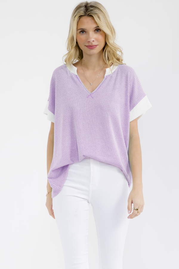 T6213 / 7th Ray<br/>OPEN KNIT SPLIT V NECKLINE SHORT SLEEVE TOP