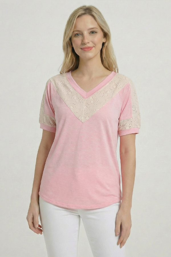 T6228 / 7th Ray<br/>LACE DETAIL SHORT SLEEVE V NECK TOP