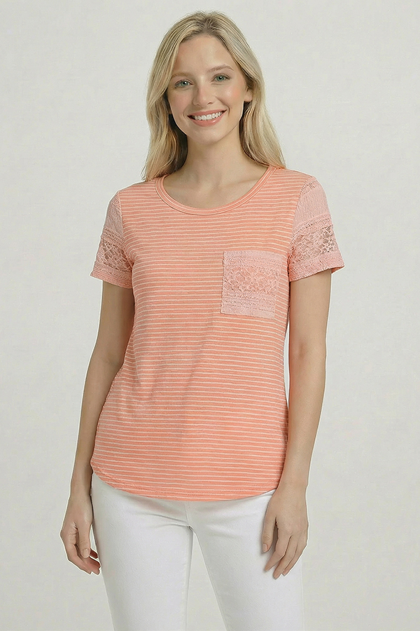 T6233 / 7th Ray<br/>STRIPED LACE POCKET SHORT SLEEVE TOP