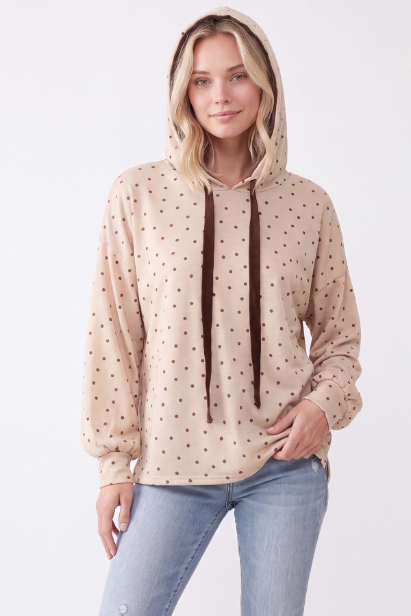 T6528 / 7th Ray<br/>POLKA DOT HOODED TUNIC TOP WITH CONTRAST DRAWSTRINGS