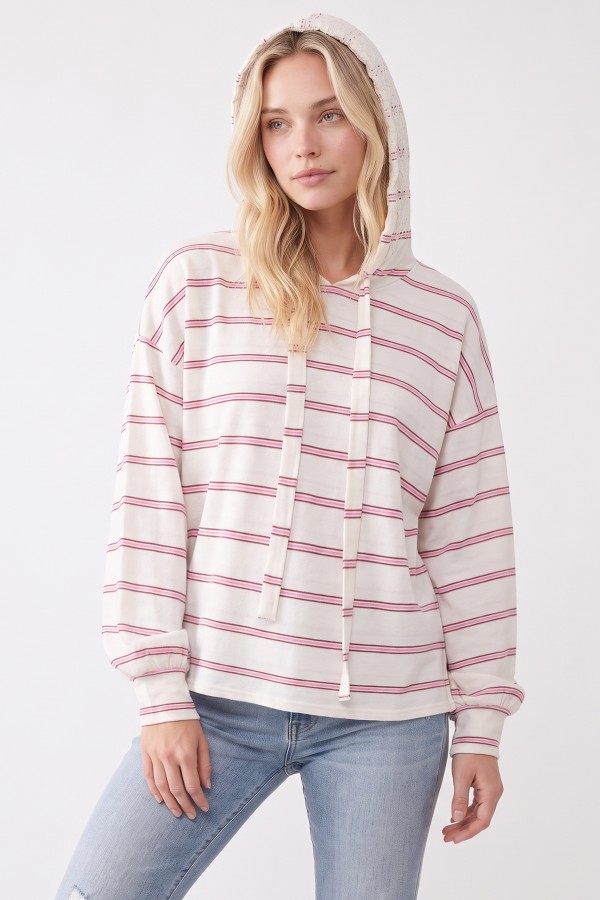 T6530 / 7th Ray<br/>STRIPED HOODIE WITH LACE LINING DETAIL