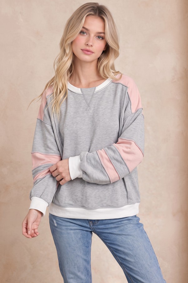 T6539 / 7th Ray<br/>COLOR BLOCK CONTRAST STITCH PULLOVER