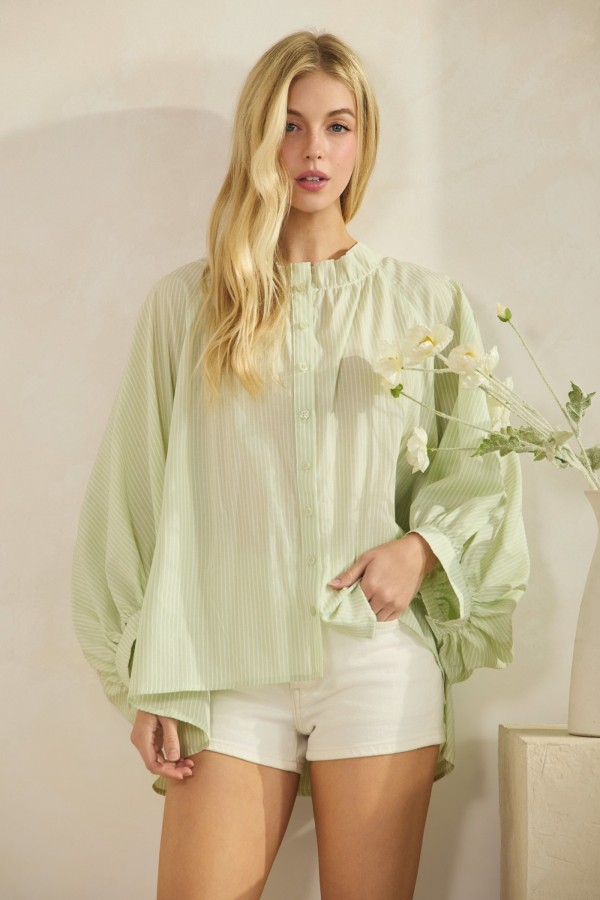 FA2203 / LIME N CHILI<br/>PIN STRIPED RUFFLE DETAIL BALLON SLEEVE SHIRTS