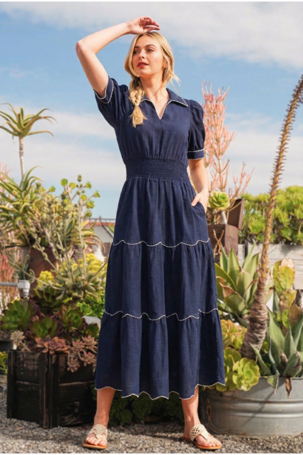 UT7049 / LIME N CHILI<br/>Collared neckline, puff sleeves, smocked waist, and scalloped contrast stitching