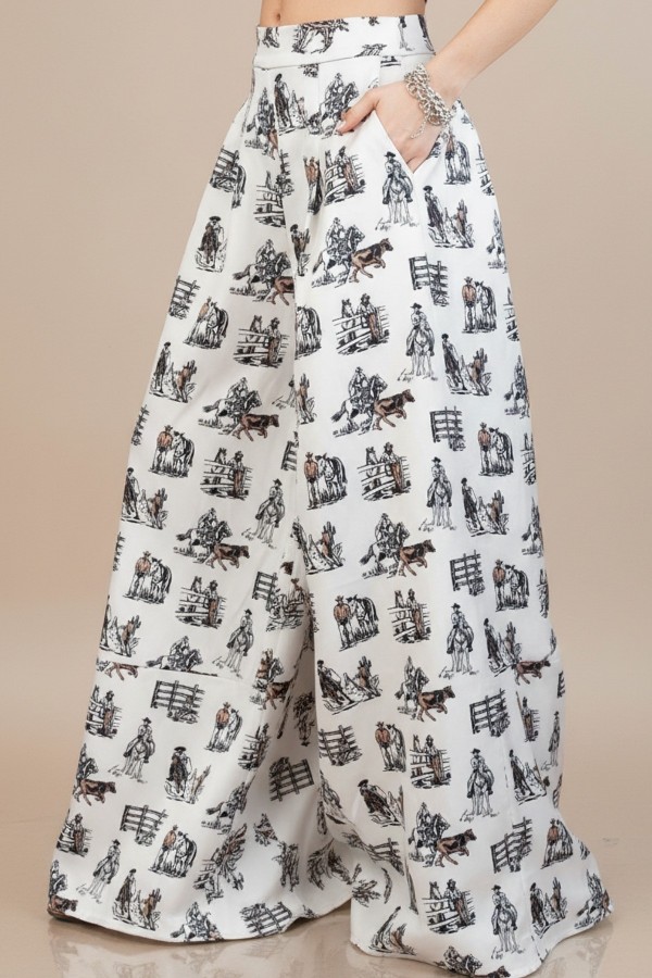 P919-5308 / Nylon Apparel<br/>Sonia Western Ranch Print Wide Leg Pants