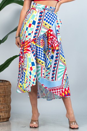 S1050-5096 / Nylon Apparel<br/>Abstract Tribal Print Wrap Midi Skirt