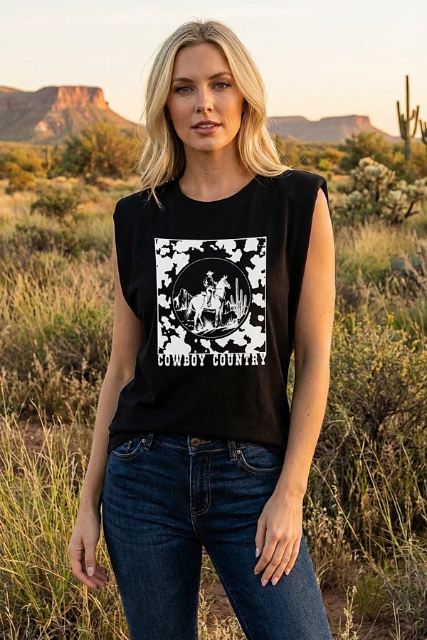T1154-6727 / Nylon Apparel<br/>Tatiana Cowboy Country Print Tank Top