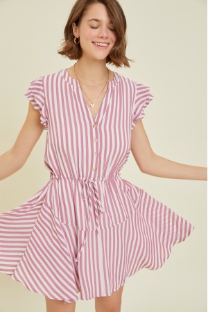 ED5215 / HEYSON<br/>SOFT STRIPE FLARE DRESS WITH DRAWSTRING AT WAIST, BUTTON DOWN DETAIL, FLUTTER SLEEVES, AND FULL LINING