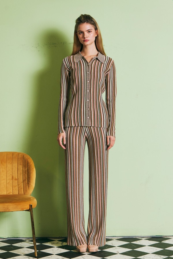 AK514S / RIVIR<br/>Caprière Long Sleeve Striped Knit Top With Pants Set