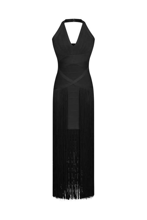 DO384 / RIVIR<br/>Bandage Plunge Halter Neck Fringe Dress