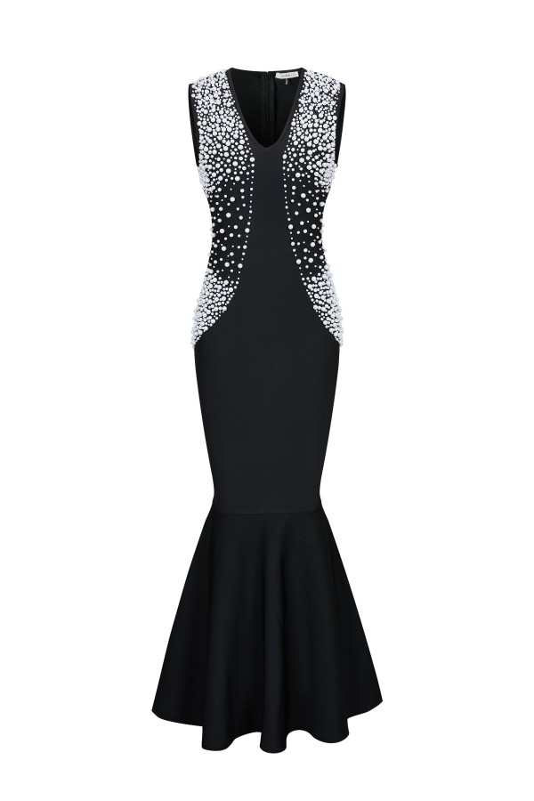 DS104 / RIVIR<br/>Bandage Pearl Embellished Slvls Mermaid Midi Dress