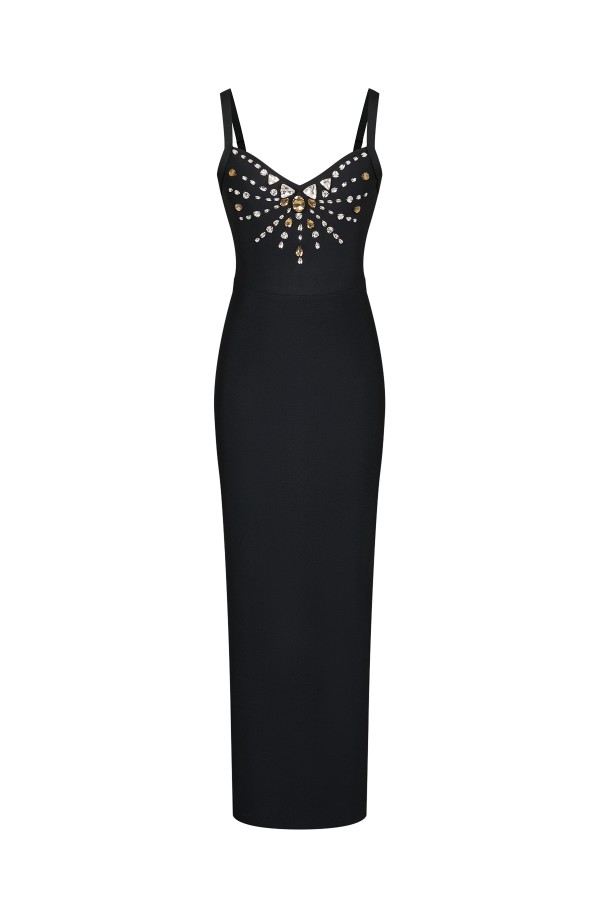 DS108 / RIVIR<br/>Bandage Rhinestone Embellished Slvls Maxi Dress