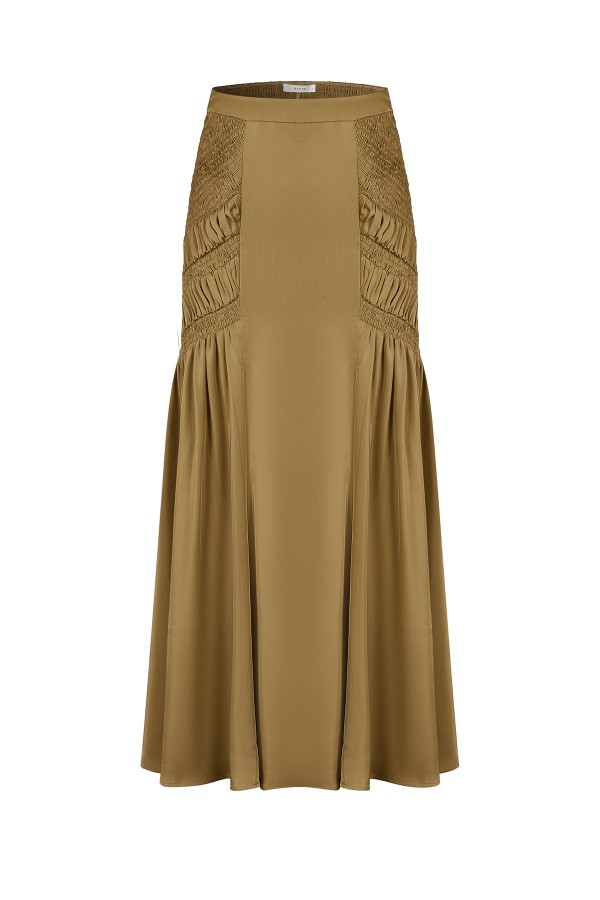 KI016 / RIVIR<br/>Smocking Detail Maxi Satin Skirt
