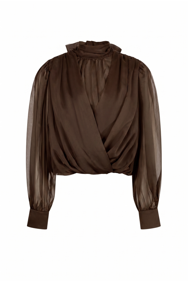 TO392 / RIVIR<br/>Semi Sheer Drapey Crossover Long Slv Blouse