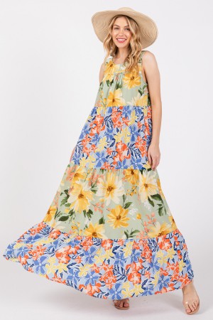 DY51175NPB / CES FEMME<br/>Floral Print Tiered Round Neckline Dress