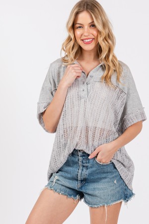 TY12922SA / CES FEMME<br/>Knit Solid Collared Button Down Top