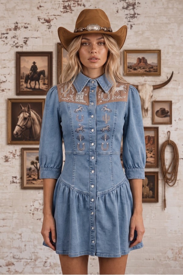 25439D / Blue B<br/>Western Embroidered Suede Denim Dress