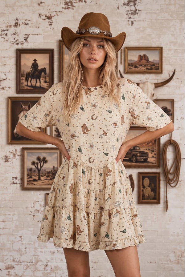 33880D / Blue B<br/>Western Print Tiered Mini Dress