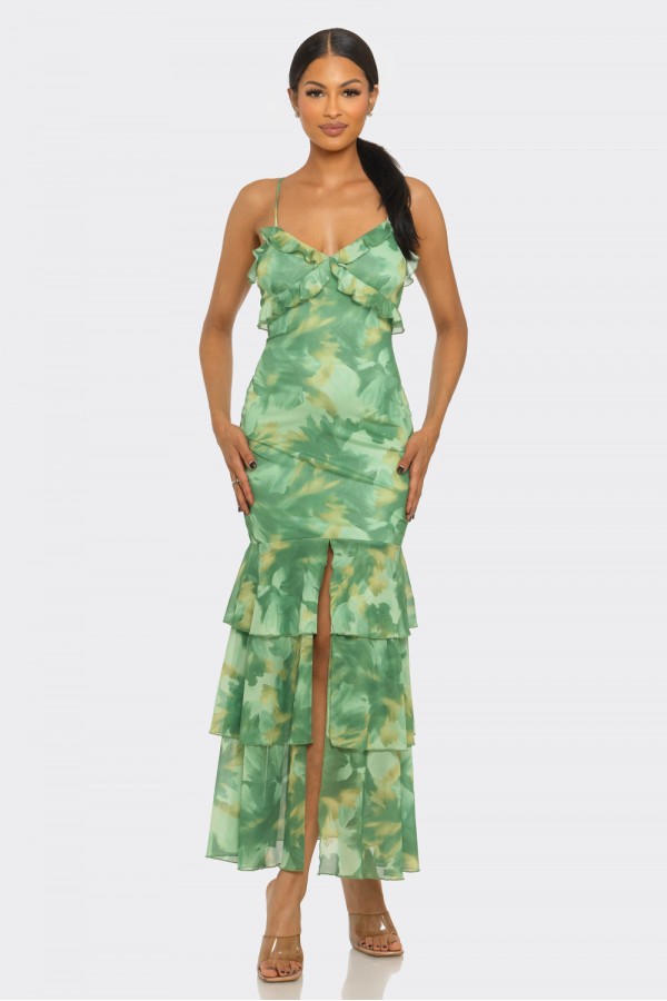 CSD0026 / Spring Haze<br/>Multi color mesh, 3 layer ruffled, maxi dress