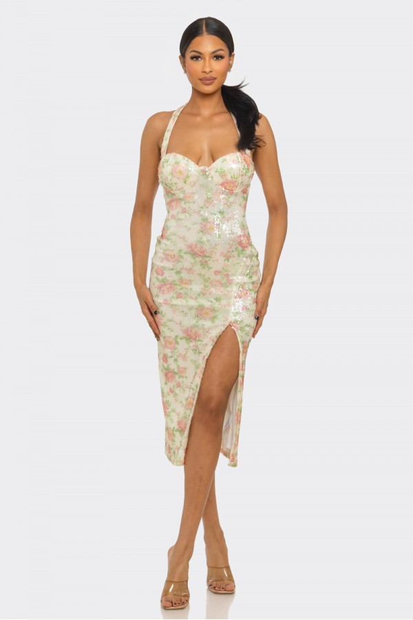CSD0052 / Spring Haze<br/>Sequin flower, halter neck midi dress