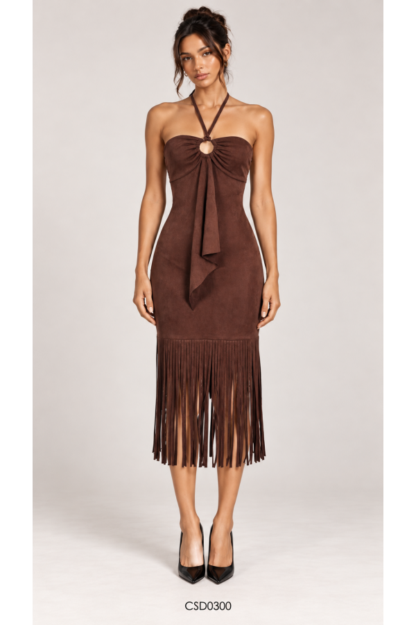 CSD0300 / Spring Haze<br/>Suede Halter Fringe Midi Dress