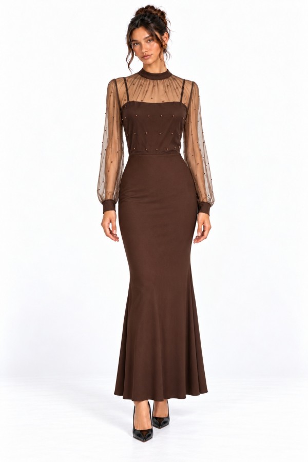 CSD0328 / Spring Haze<br/>Embellished Mesh Sleeve Mermaid Maxi Dress