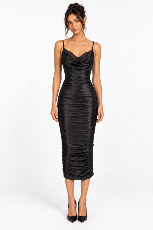 CSD0351 / Spring Haze<br/>Lace Trim Cowl Neck Ruched Satin Knit Midi Dress