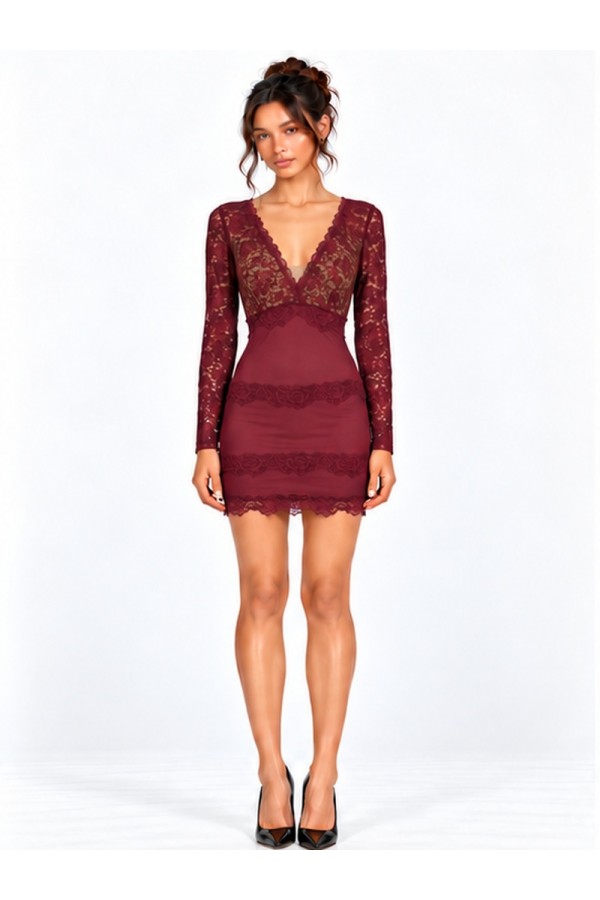 CSD0363 / Spring Haze<br/>Plunge Neck Lace and Mesh Long Sleeve Mini Dress