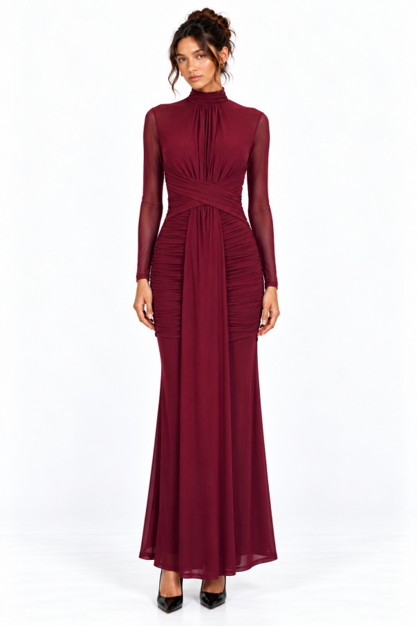 CSD0377 / Spring Haze<br/>High Neck Ruched Mesh Maxi Dress with Front Drape
