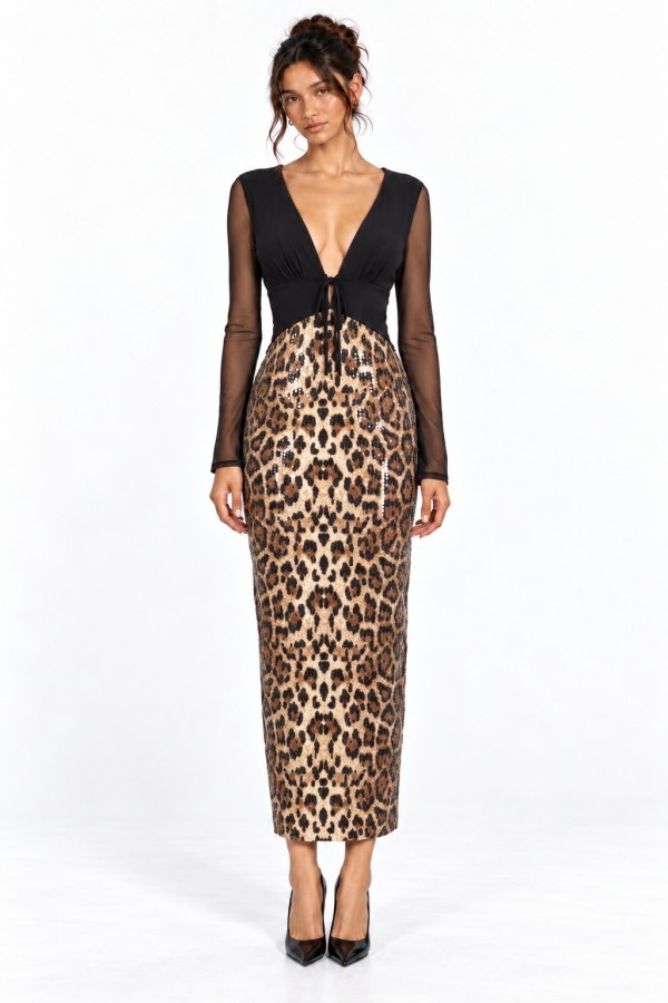 CSD0381 / Spring Haze<br/>Leopard Sequin Mesh Bodice Midi Dress
