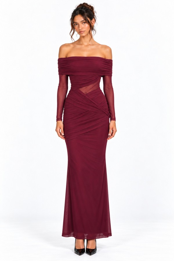 CSD0389 / Spring Haze<br/>Off Shoulder Draped Mesh Mermaid Maxi Dress