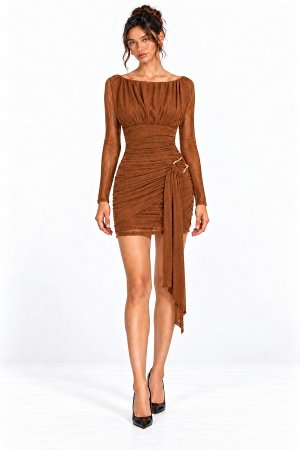 CSD0420 / Spring Haze<br/>Ruched Long Sleeve Mini Dress with Buckle Drape