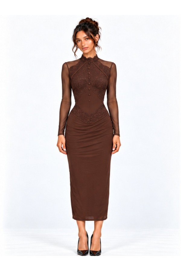CSD0424 / Spring Haze<br/>High Neck Lace Detail Mesh Midi Dress