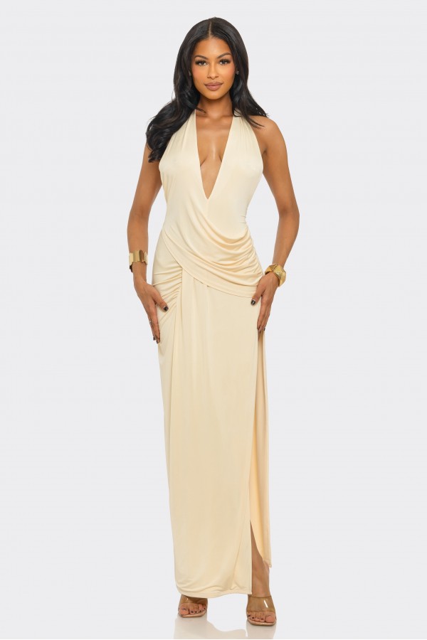 SHD3613 / Spring Haze<br/>Halter V-neck, front cross, side slit long dress