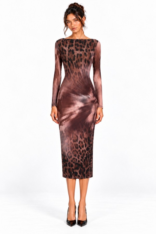 SHD4334 / Spring Haze<br/>Leopard Abstract Print Long Sleeve Mesh Midi Dress