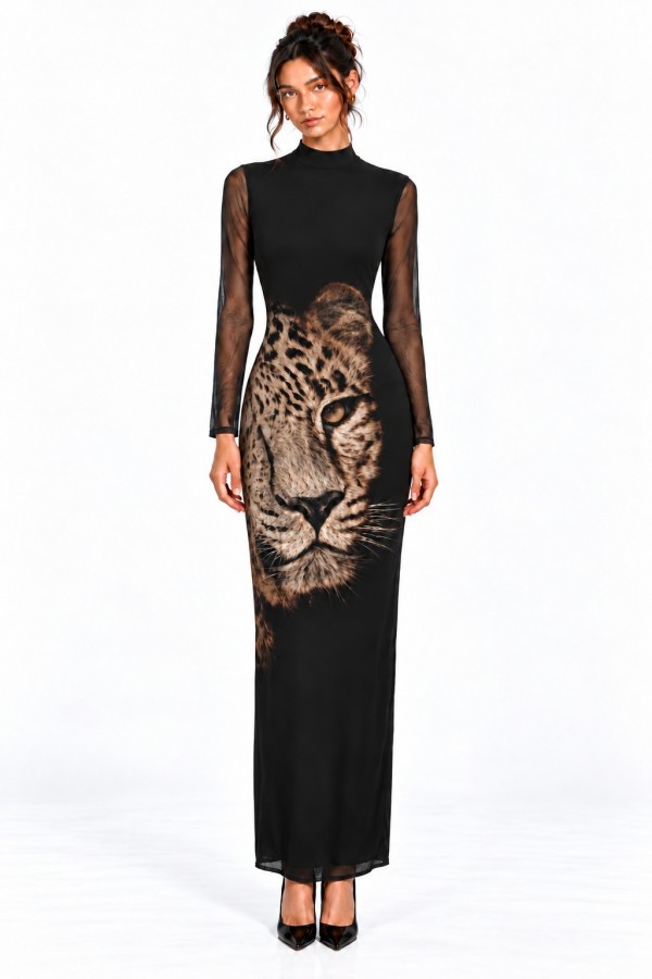 SHD4374 / Spring Haze<br/>Leopard Graphic Sheer Sleeve Maxi Dress