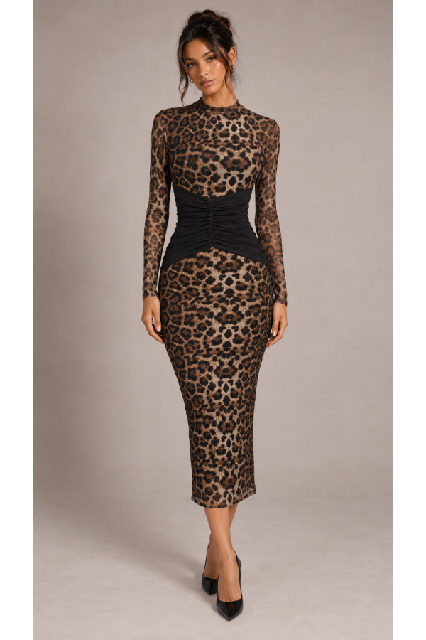 SHD4384 / Spring Haze<br/>Leopard Mesh Midi Dress with Ruched Waist