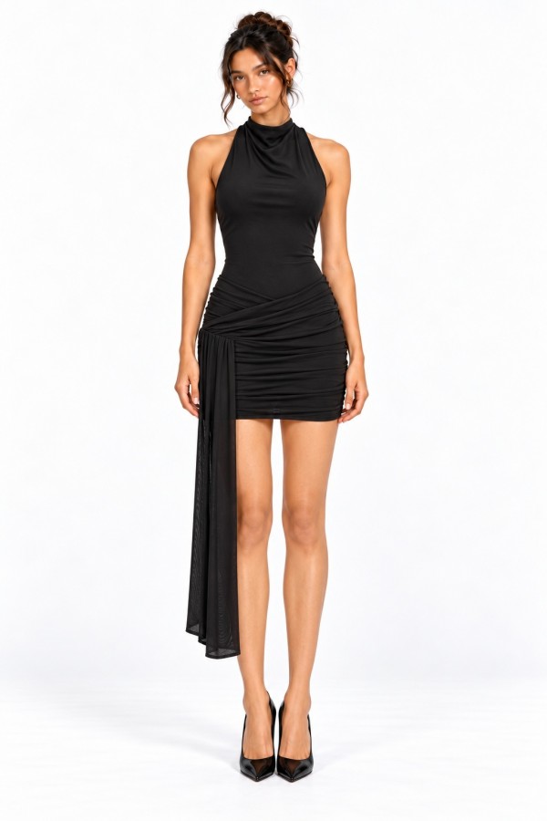 SHD4390 / Spring Haze<br/>Draped High Neck Ruched Mesh Mini Dress with Side Drape