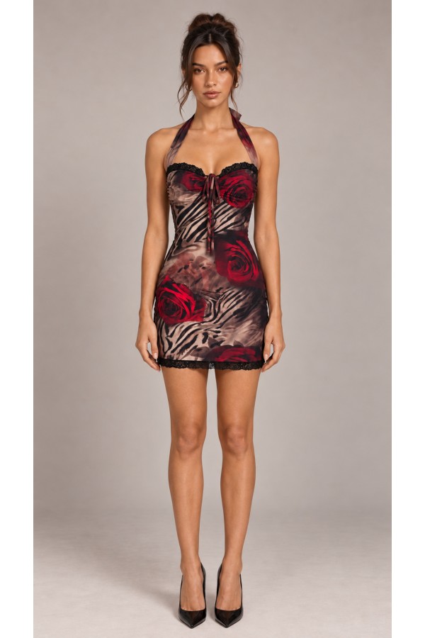 SHD4403 / Spring Haze<br/>Rose Animal Print Lace Trim Halter Mini Dress
