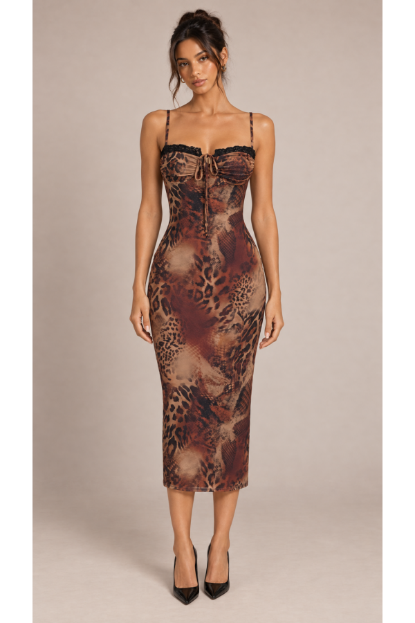 SHD4419 / Spring Haze<br/>Animal Print Lace Trim Mesh Midi Dress