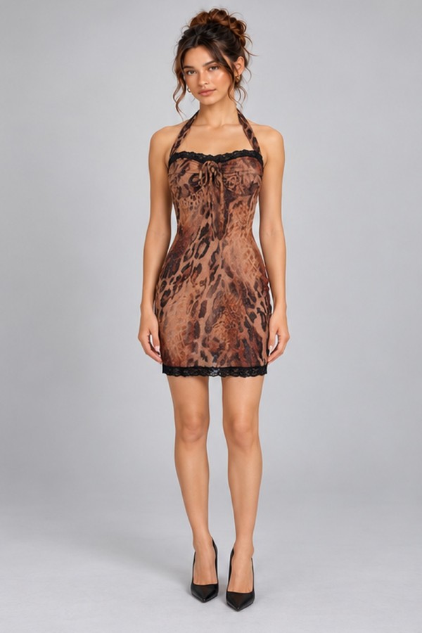 SHD4544 / Spring Haze<br/>Animal Print Glitter Mesh Halter Mini Dress