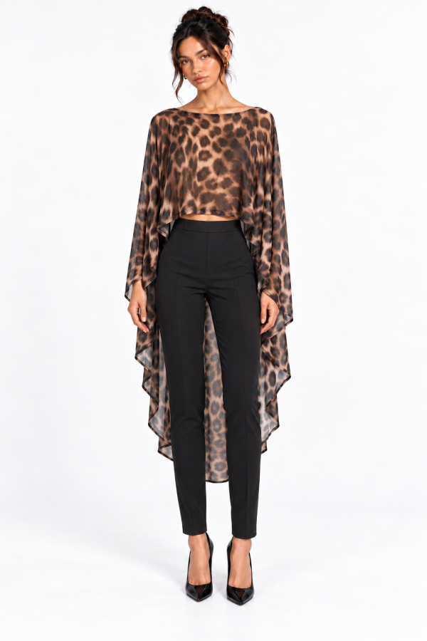 SHT8887 / Spring Haze<br/>Leopard print mesh high-low pancho