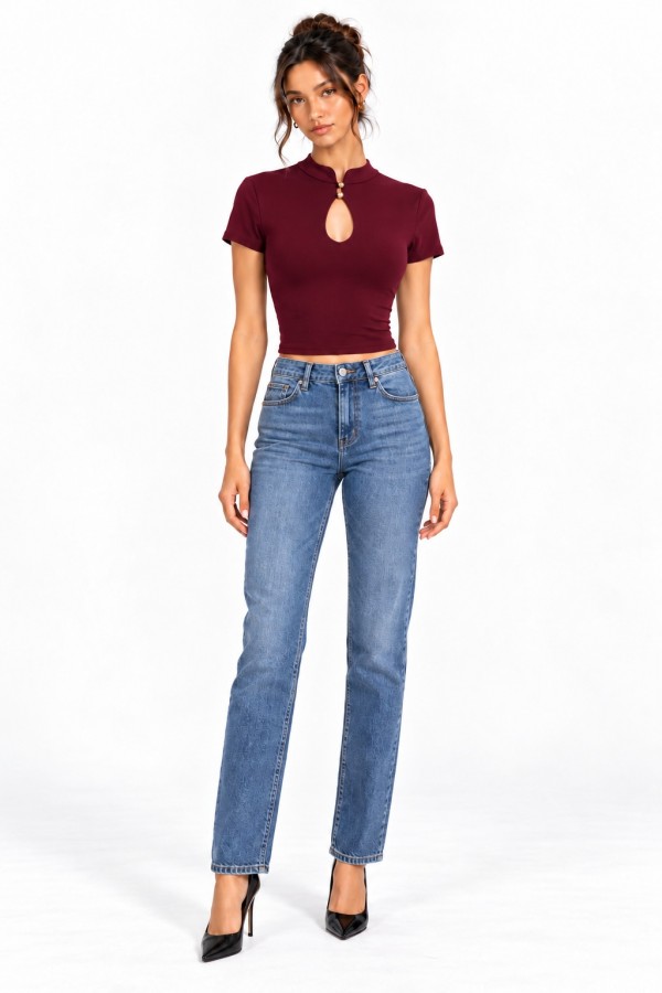 SHT8900 / Spring Haze<br/>Double Layer Keyhole Short Sleeve Crop Top