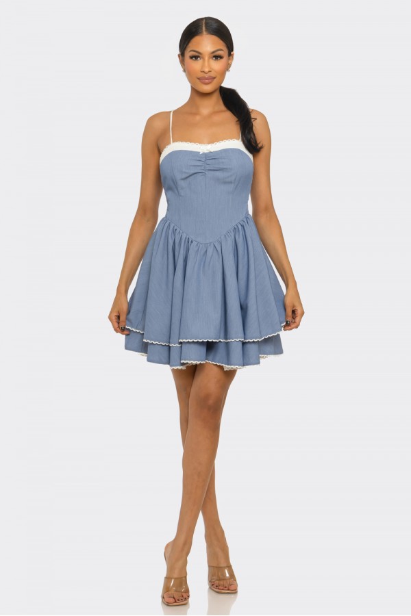 SID2267 / Spring Haze<br/>Double ruffled, smocking A-line mini dress