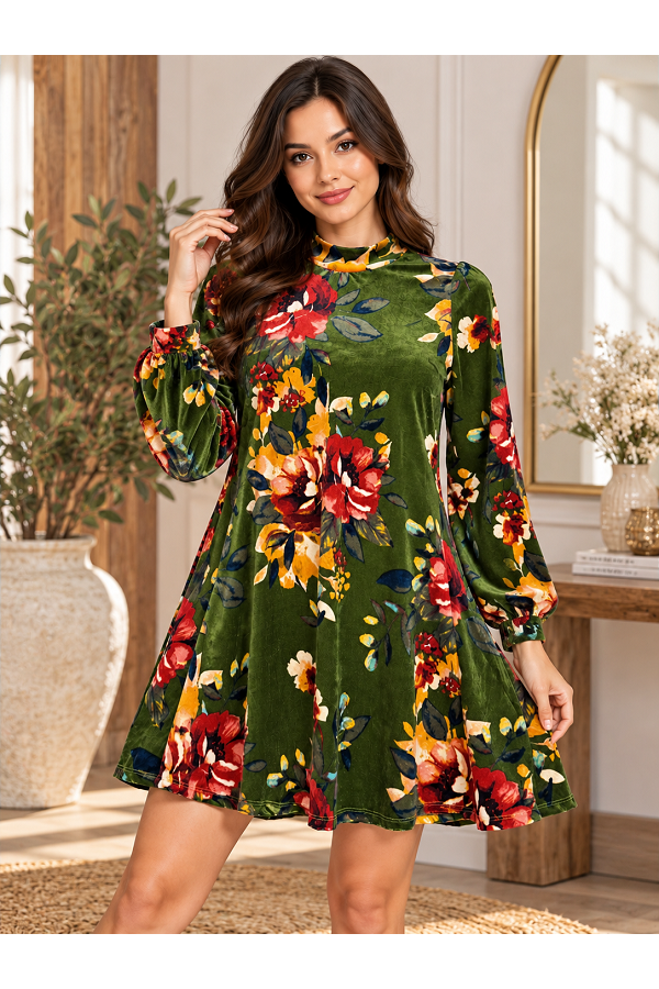 LMD5643 / Lovely Melody<br/>Olive Green Floral Velvet Mock Neck Mini Dress