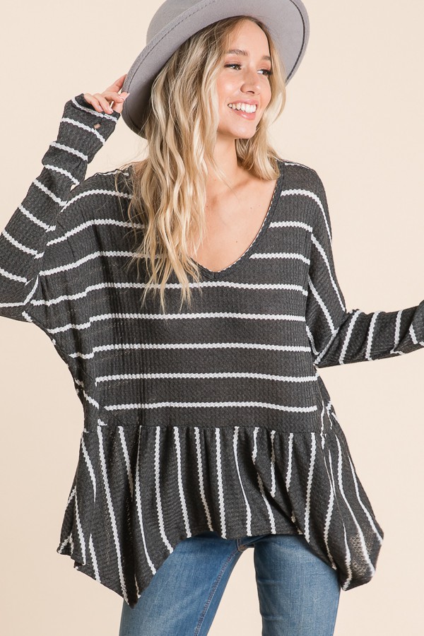 LMT1087 / Lovely Melody<br/>Waffle Stripe Tunic Top